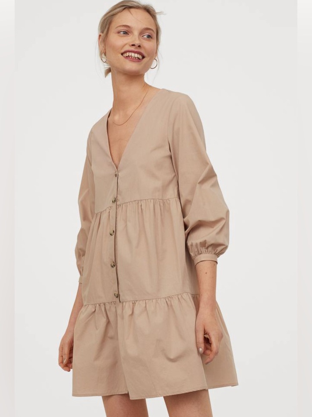 New! DIVIDED H&M Tiered Ruffle Smocked Long Sleeve Baby Doll Dress Khaki Tan
